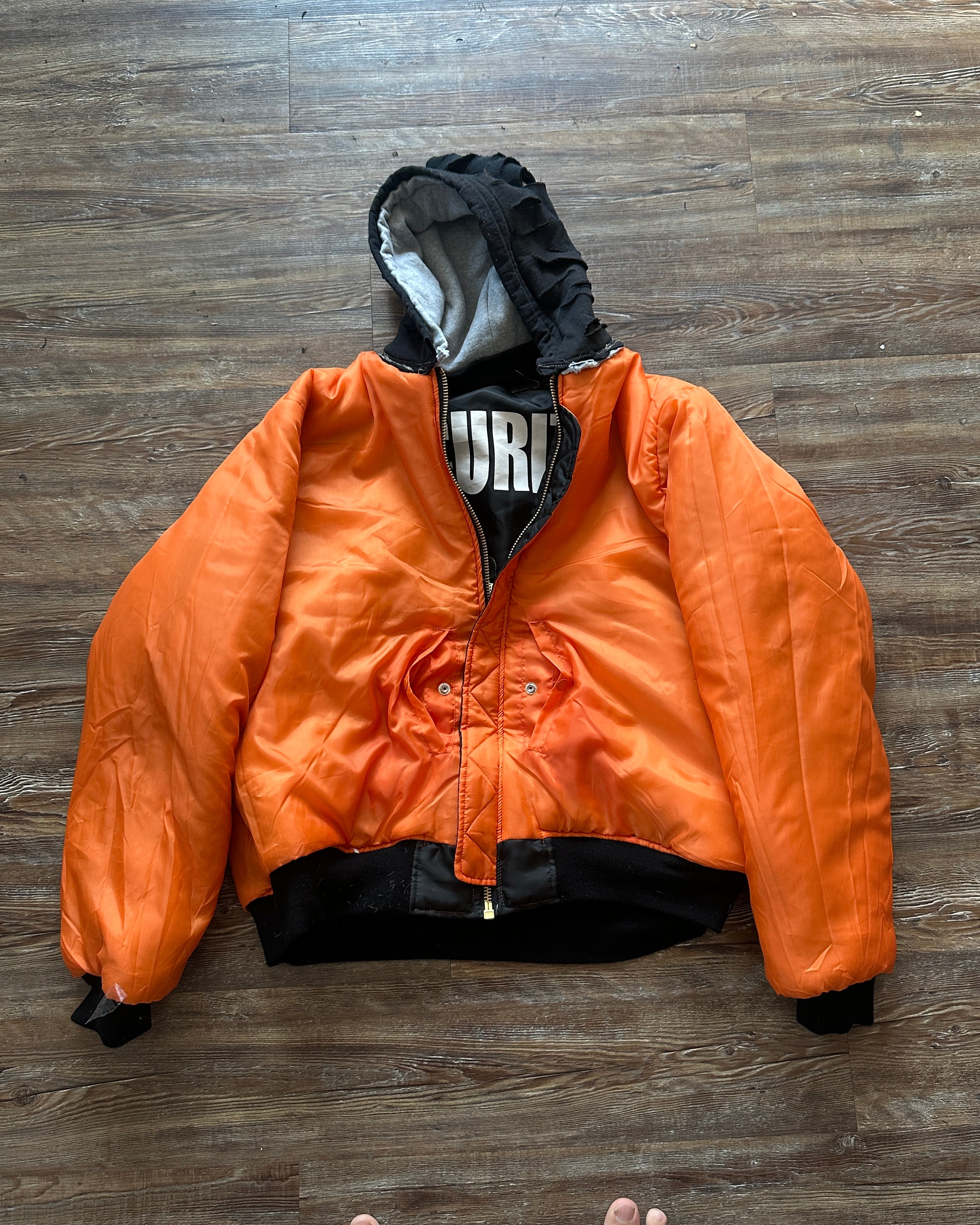 Orange Velvet Reversable Security Hooded Bomber